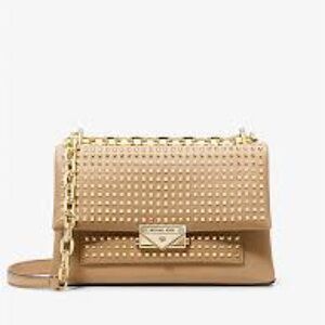Michael Kors Camel Cece Medium Gold Studded Foldover Shoulder Bag